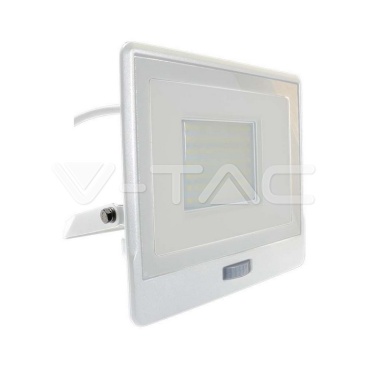 50W LED Прожектор PIR Сензор SAMSUNG ЧИП Бяло Тяло 6400К 1М Кабел
