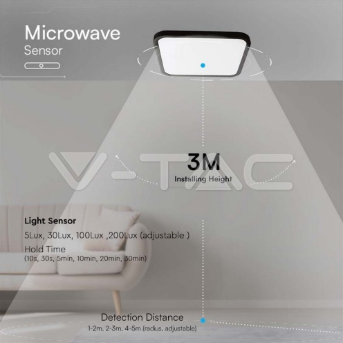 36W LED Плафон Квадрат Микровълнов Сензор Черна Рамка 4000К IP44 3820LM - изглед 4