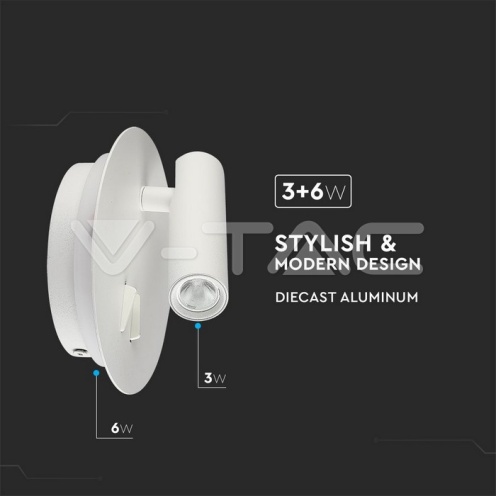 3+6W LED Стенна Лампа За Стена Бяла 3000K кръг - изглед 6 - rZ commerce 3+6W LED Стенна Лампа За Стена Бяла 3000K кръг - изглед 6