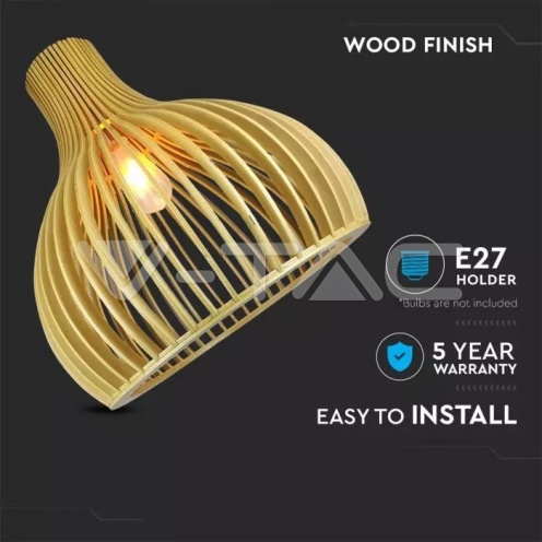 Дървен Пендел E27 Дърво + Хром Конус D450*H450MM - изглед 3