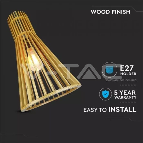 Дървен Пендел E27 Дърво + Хром Конус D250*H450MM - изглед 3