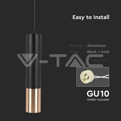 1xGU10 Корпус Пендел Черен + Златно D:60x300мм - изглед 4