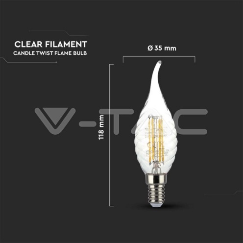 LED Крушка - 4W Filament E14 Кендъл Спирала Пламък 2700K 400Lm - изглед 4