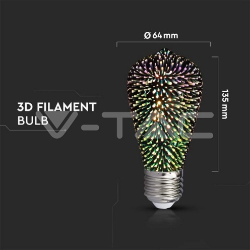 LED Крушка - 3W Filament E27 ST64 3D 3000K - изглед 3