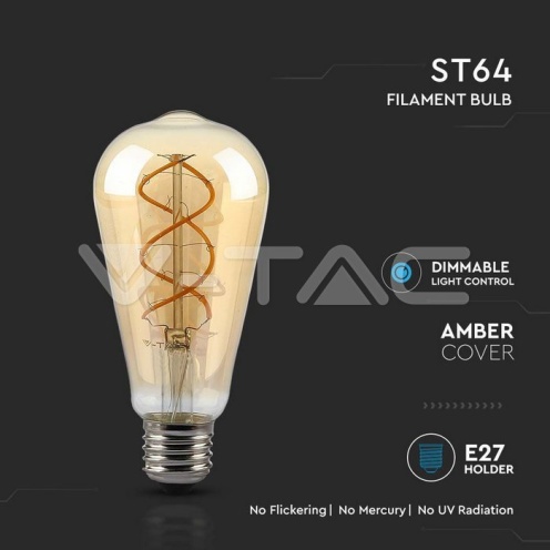 LED Крушка - 5W Filament E27 ST64 Амбър Димираща 2200K - изглед 2