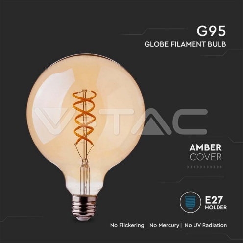 LED Крушка - 4.8W Filament E27 G95 Амбър 1800K - изглед 2