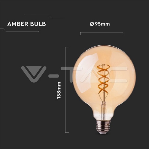 LED Крушка - 4.8W Filament E27 G95 Амбър 1800K - изглед 4