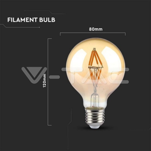 LED Крушка - 4W Filament E27 G80 Амбър 2200K - изглед 4