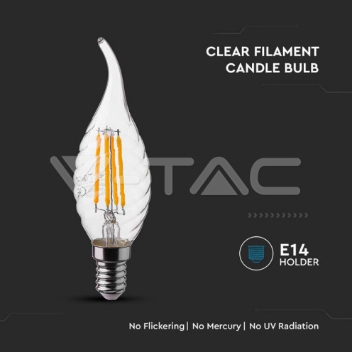 LED Крушка - 4W Filament E14 Кендъл Спирала Пламък 6400K 400Lm - изглед 2
