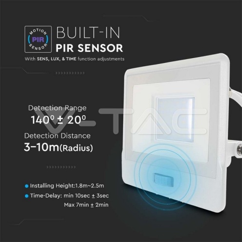 30W LED Прожектор PIR Сензор SAMSUNG ЧИП Бяло Тяло 3000К 1М Кабел - изглед 6