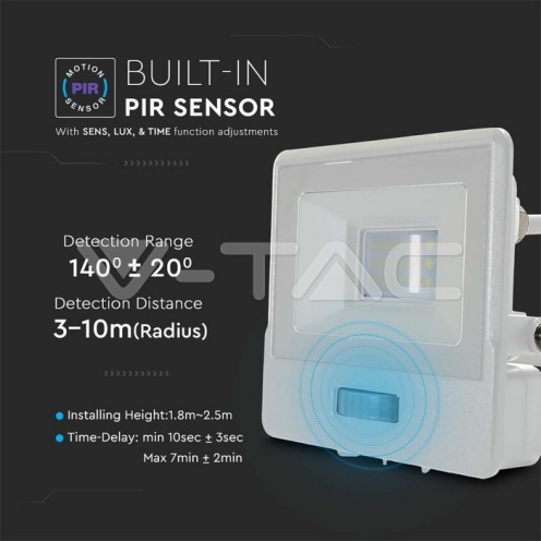 10W LED Прожектор PIR Сензор SAMSUNG ЧИП Бяло Тяло 3000К 1М Кабел - изглед 6