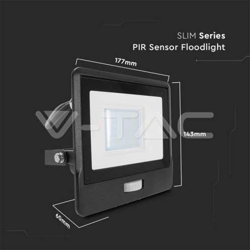 30W LED Прожектор PIR Сензор SAMSUNG ЧИП Черно Тяло 6400К 1М Кабел - изглед 2