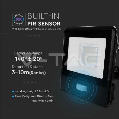 20W LED Прожектор PIR Сензор SAMSUNG ЧИП Черно Тяло 6400К 1М Кабел - изглед 8