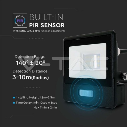 10W LED Прожектор PIR Сензор SAMSUNG ЧИП Черно Тяло 6400К 1М Кабел - изглед 8