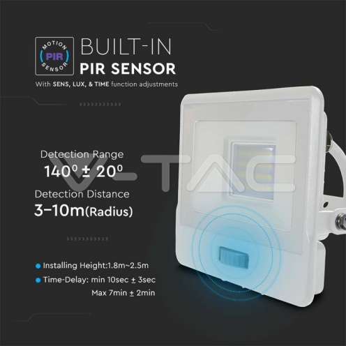 20W LED Прожектор PIR Сензор SAMSUNG ЧИП Бяло Тяло 6400К 1М Кабел - изглед 6